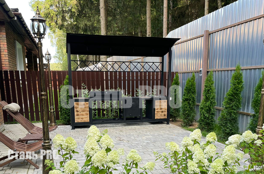 Мангал барбекю лофт "Браун" с крышей и печкой, с мойкой